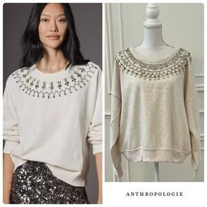 🆕Anthropologie Maeve Embellished Collar Pullover Sweatshirt Sand NWT XLarge